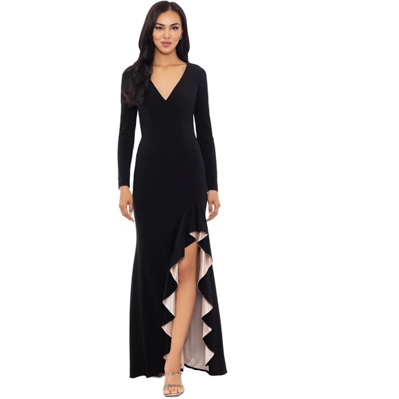 NEW XSCAPE Black Jersey LONG-SLEEVE Draped RUFFLE Contrast-Slit EVENING GOWN - Picture 9 of 10